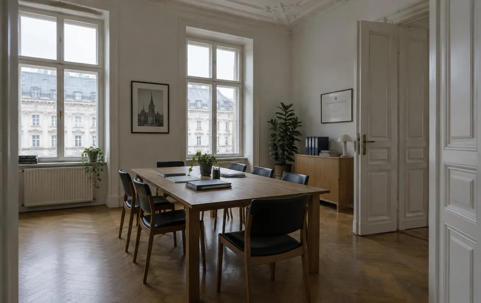 Besprechungsraum in einem Wiener Altbaubüro mit Fischgrätparkett