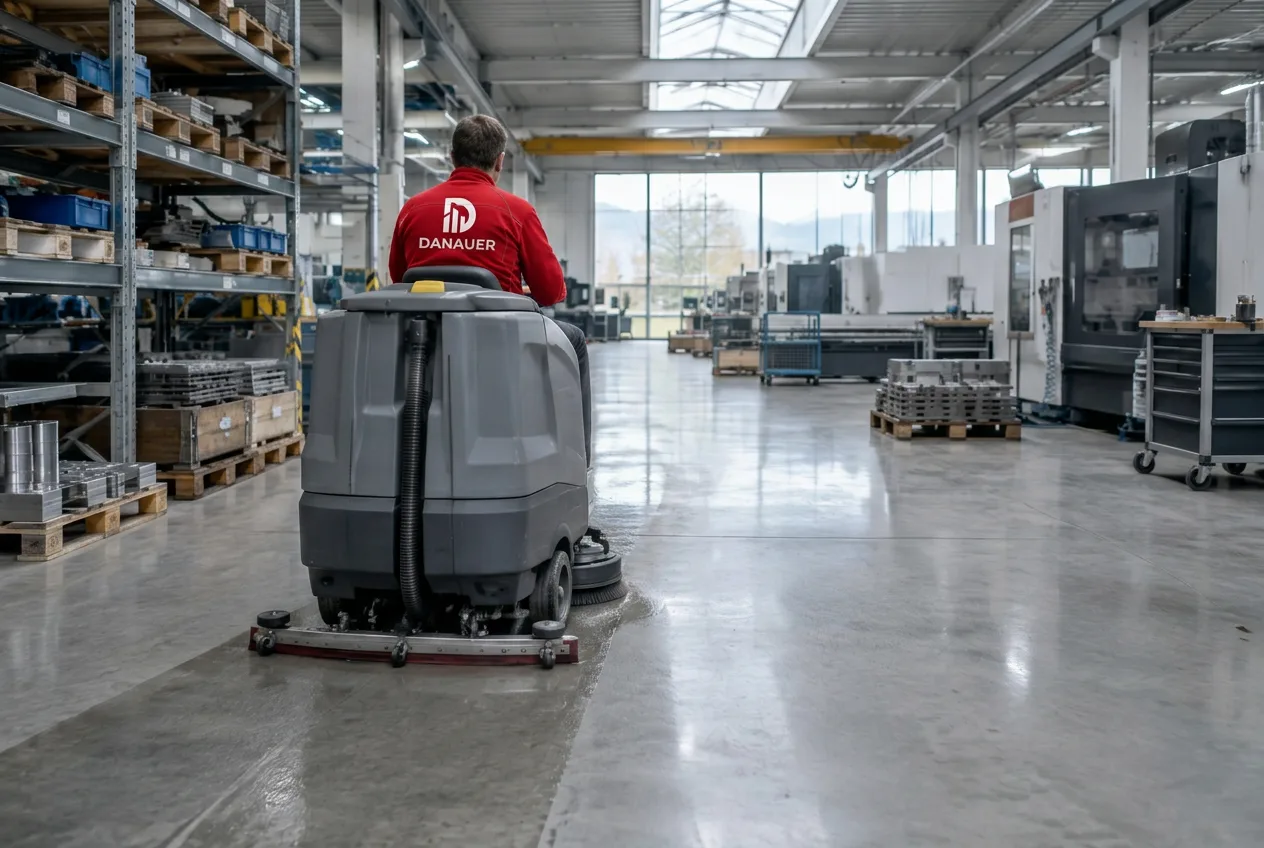 Scheuersaugmaschine reinigt den Boden einer Produktionshalle