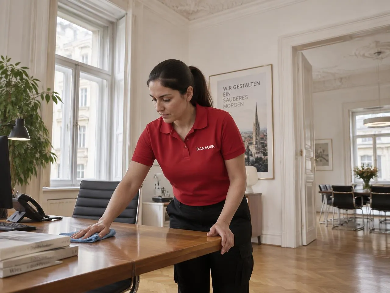 Danauer-Mitarbeiterin im roten Polo reinigt einen Schreibtisch in einem Wiener Altbaubüro