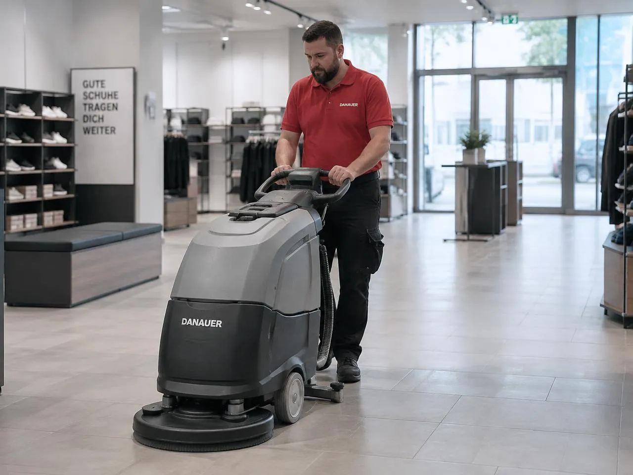 Danauer-Mitarbeiter reinigt eine Verkaufsfläche mit einer Bodenreinigungsmaschine