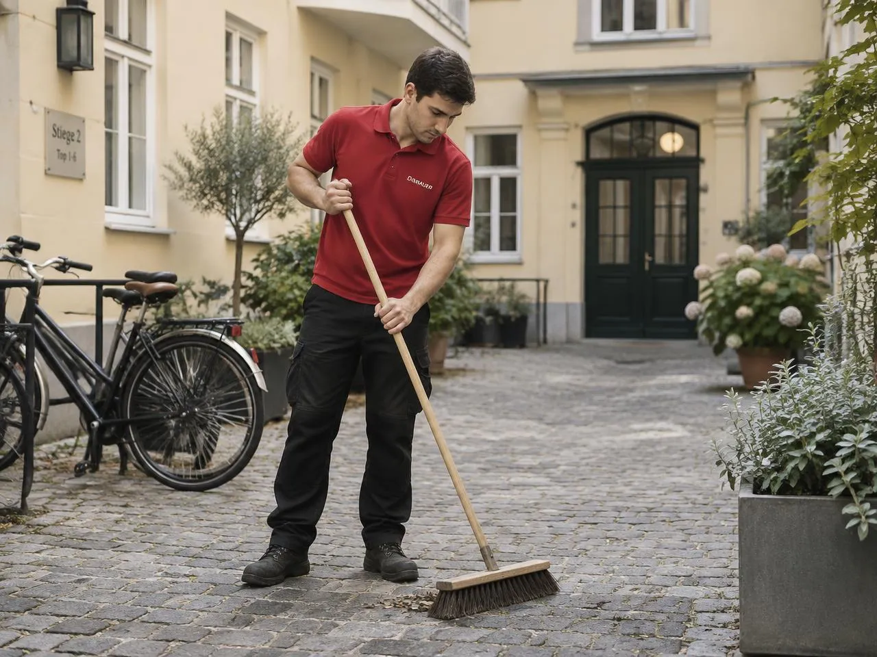 Danauer-Mitarbeiter kehrt den gepflasterten Innenhof eines Wiener Wohnhauses