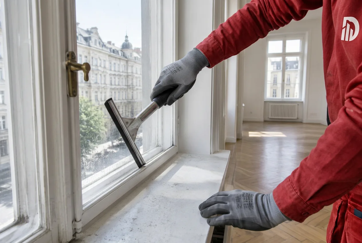 Hände mit Arbeitshandschuhen reinigen ein Altbaufenster nach der Renovierung