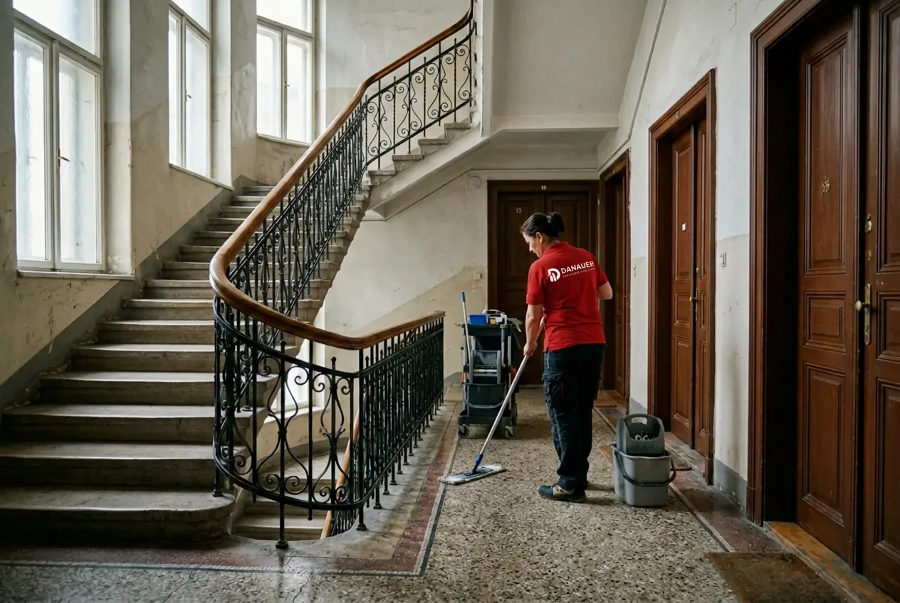 Mitarbeiterin reinigt den Terrazzoboden eines Wiener Gründerzeit-Stiegenhauses